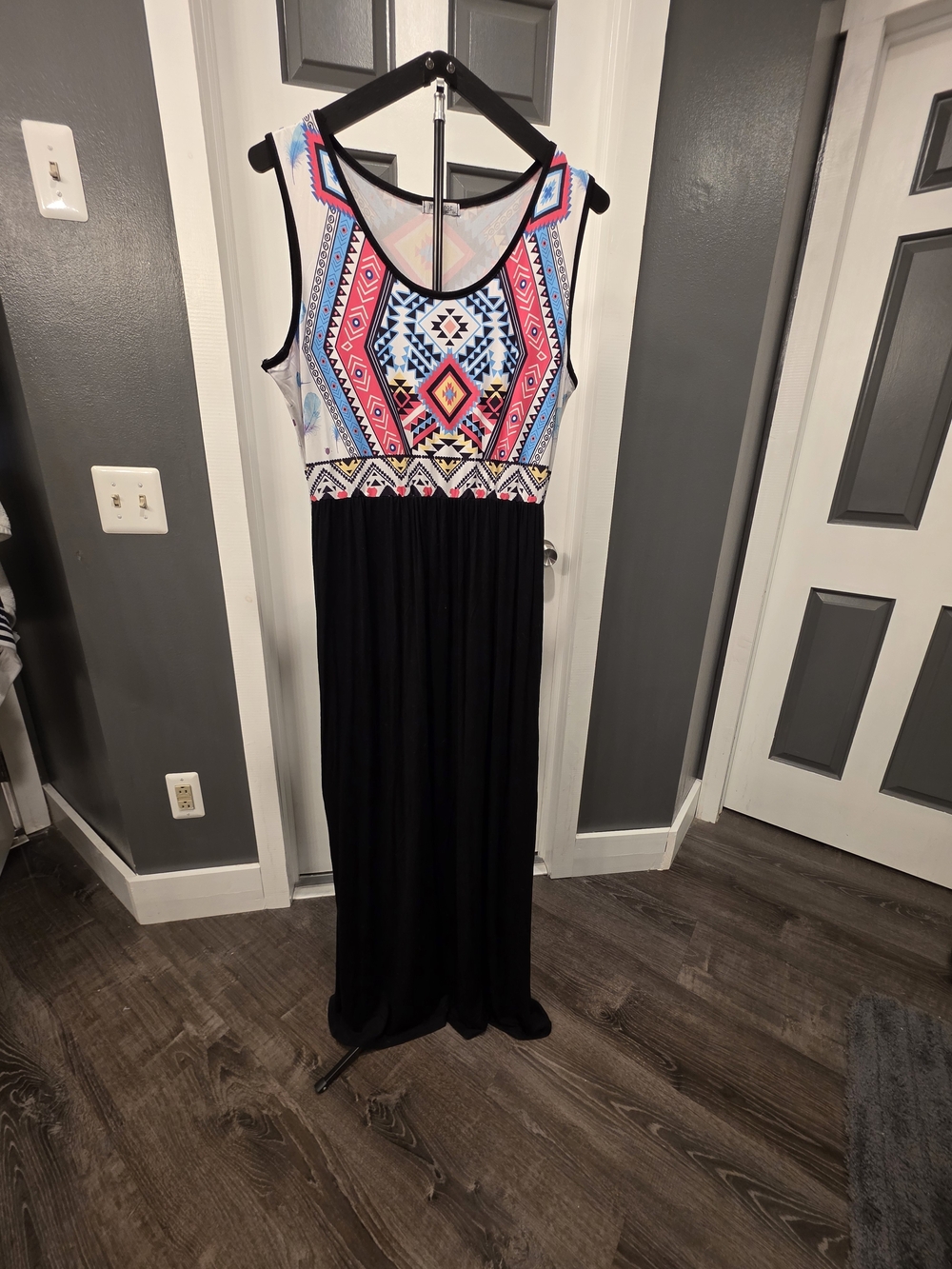 Sleeveless Maxi Dress with Black Skirt and Multicolor Aztec Bodice
